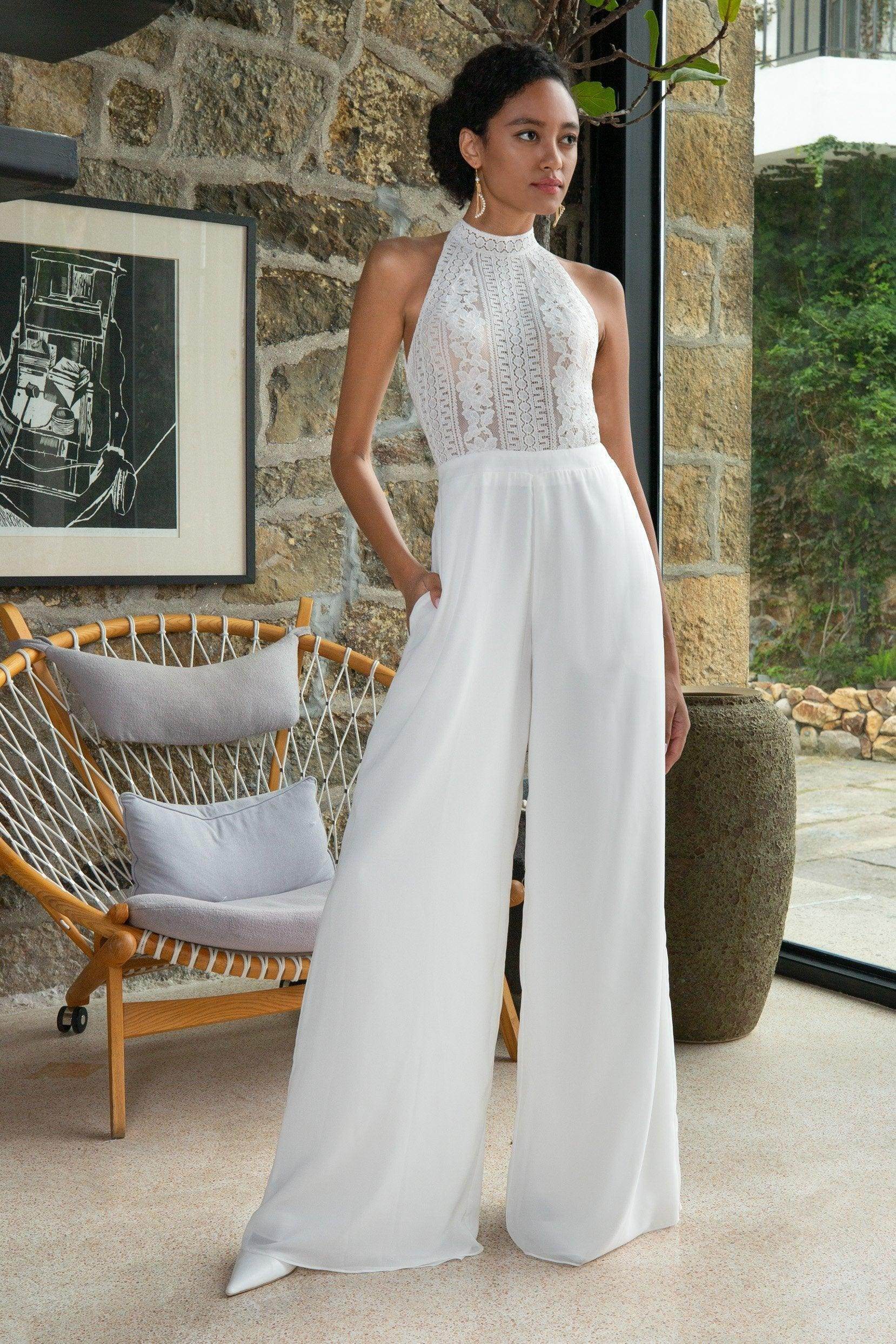 Floor Length Chiffon Lace Wedding Jumpsuit CW2354CR - COCOMELODY